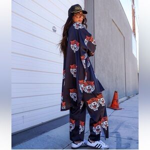 Dressed in LALA Black Wide-Leg Pants with Orange & White Tiger Print